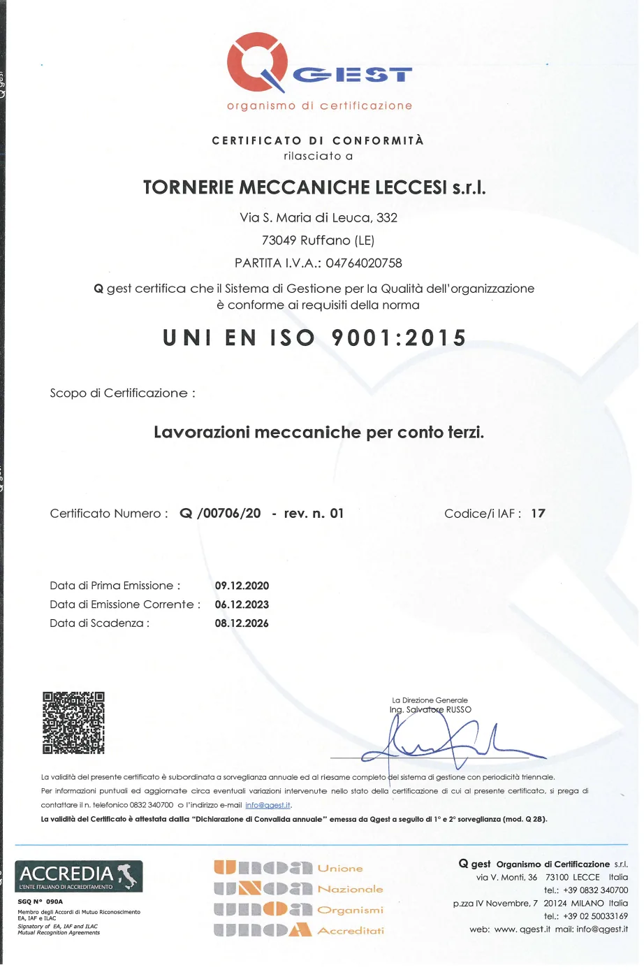 Certificato di conformità UNI EN ISO 9001:2015 rilasciato da Q gest S.r.l. a Tornerie Meccaniche Leccesi S.r.l.