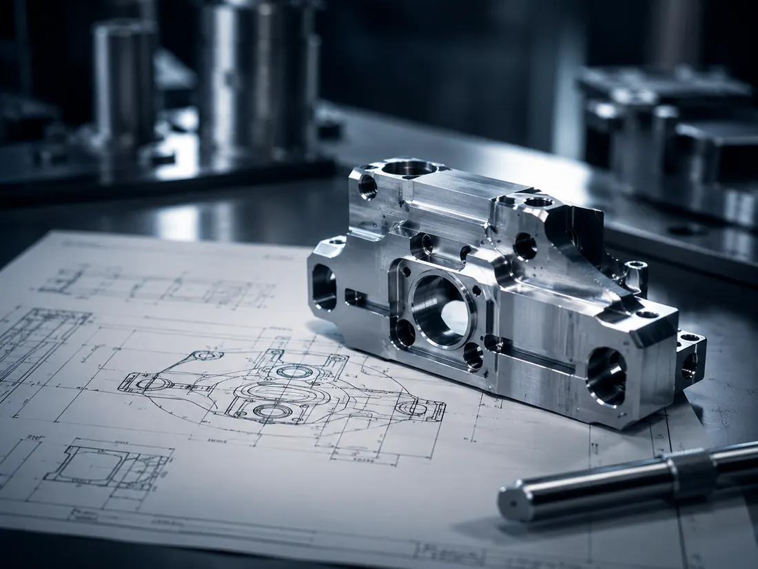 Componente meccanico lavorato appoggiato sul disegno tecnico