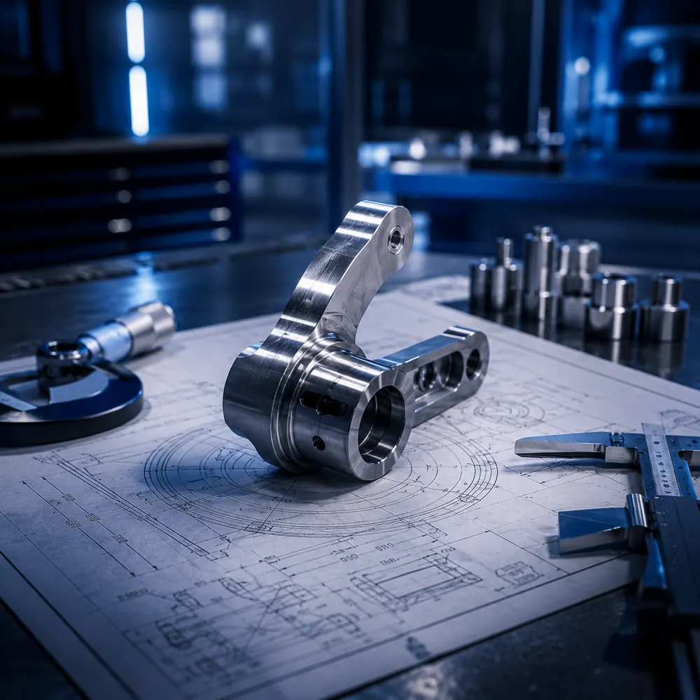 Componente tornito su disegno tecnico, con micrometro e calibro per il controllo delle quote