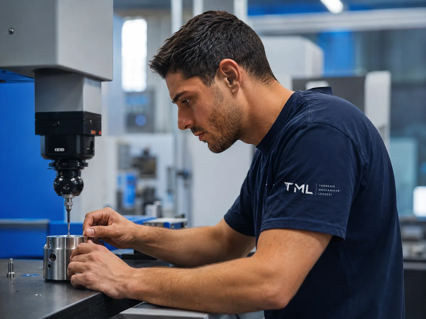 Tecnico TML alla macchina di misura a coordinate durante il controllo di un componente tornito